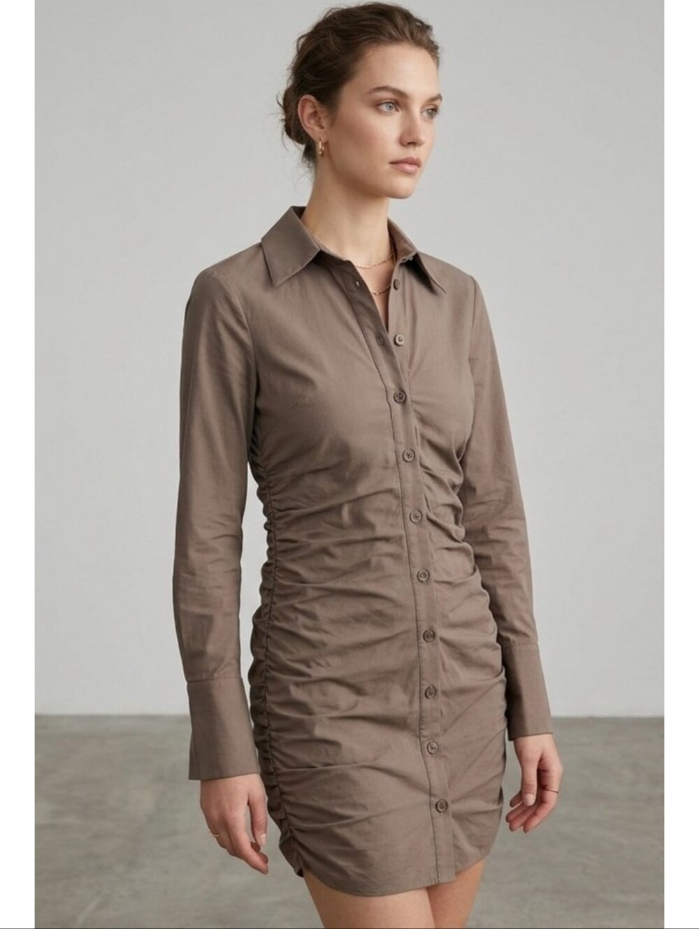 Zara Ruched Long Sleeve Button Up Shirt Dress  Light Brown Size XS